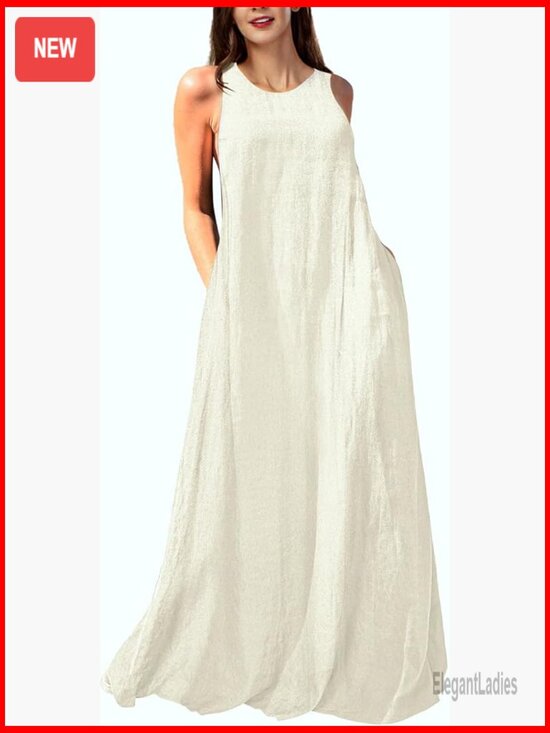 Dresses & Skirts - Sleeveless Linen Maxi Dress with Pockets U-Neck Casual